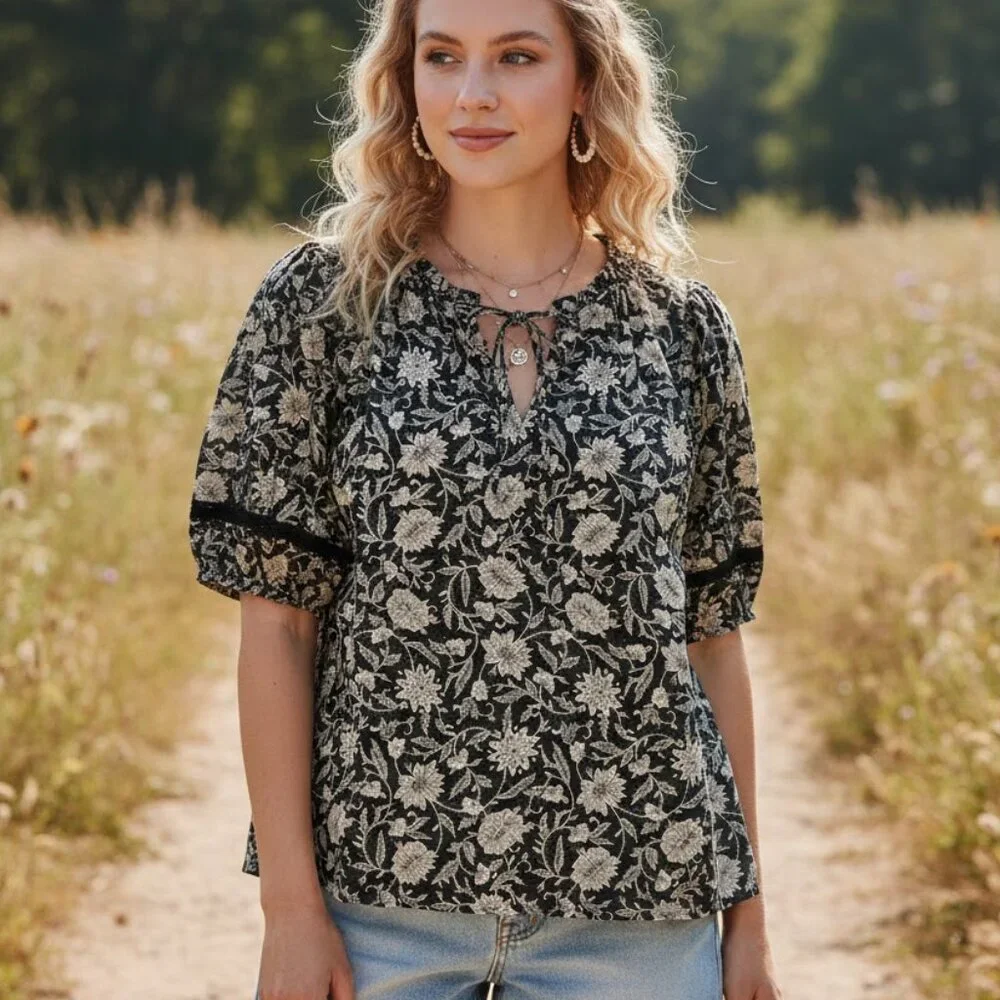 Angels Forever Young Peasant Blouse Top Floral Print Boho Cotton size 3X Resort - Picture 1 of 12
